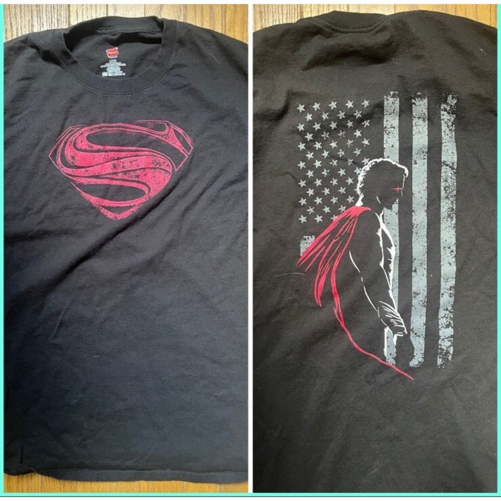 Superman 2-sided American Flag Logo DC Comics Men's L T-Shirt Graphic Tee Comic